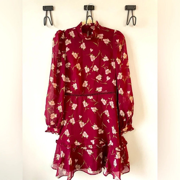 Lucy Paris Dresses & Skirts - LucyParis, burgundy floral high neck dress with sheer puff sleeves, size XS, EUC